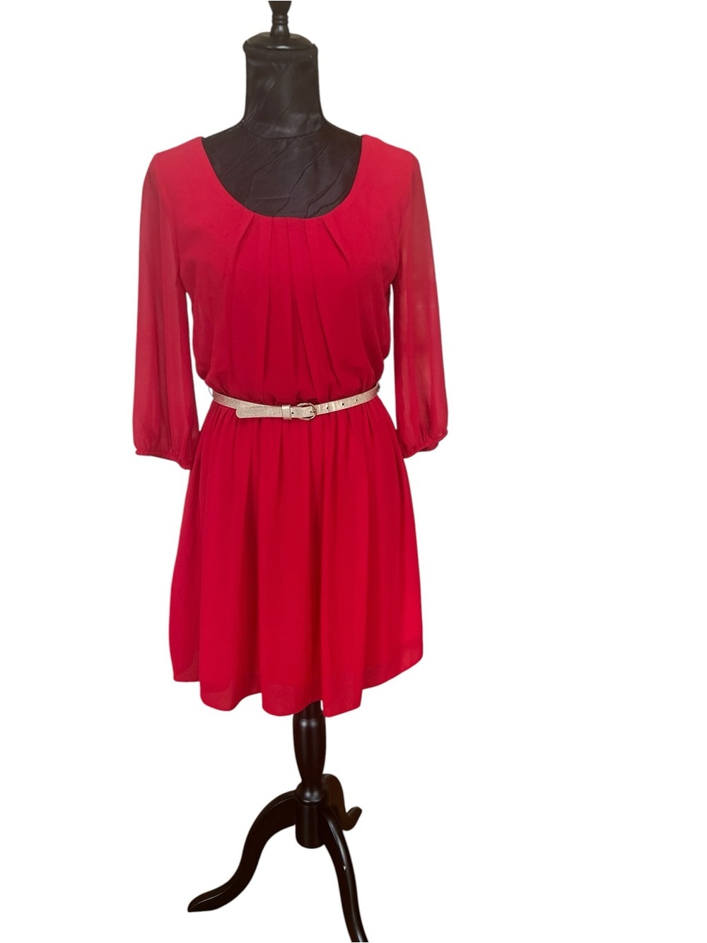 by & by Red Chiffon Fit Flare Dress Small Gold Belt Sheer Sleeve Party Holiday